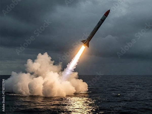 Fototapeta A powerful missile launches from a submarine at sea with a fiery exhaust, symbolizing military strength, defense, technology, and strategic deterrence.