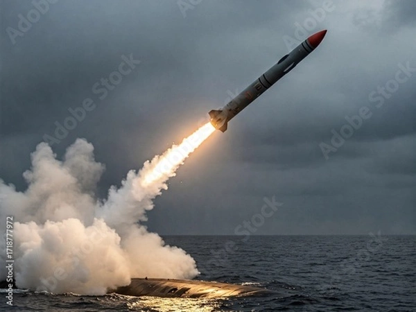Fototapeta A powerful missile launches from a submarine at sea with a fiery exhaust, symbolizing military strength, defense, technology, and strategic deterrence.