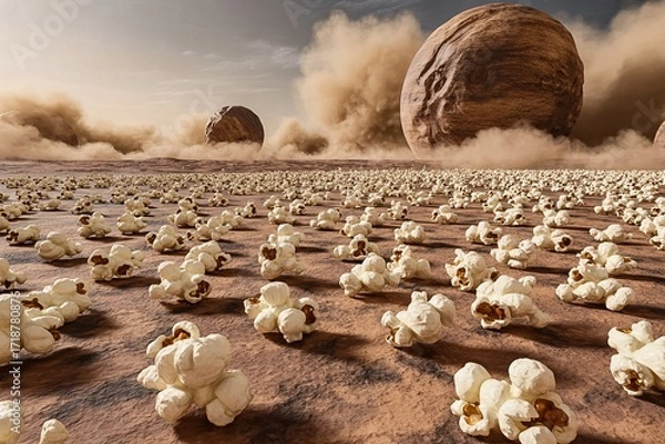 Obraz Popcorn field human-faced boulders dust clouds hazy sky surreal cinematic fantasy background