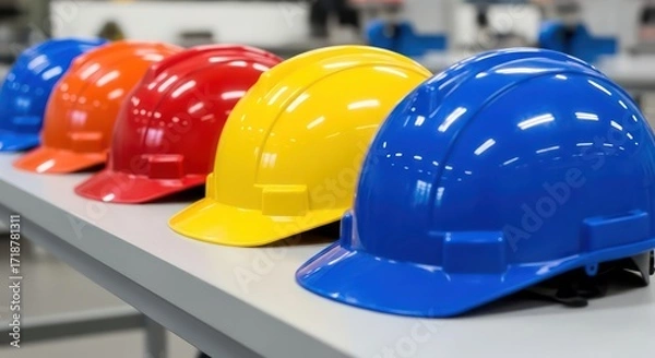 Fototapeta Row of vibrant safety helmets in blue, orange, red, and yellow on a gray surface