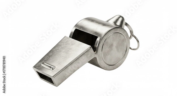 Fototapeta High-Resolution 3D Render of a Metal Whistle: Perfect for Sports, Refereeing, Coaching, and Game Concepts.  This detailed image showcases a realistic metallic whistle with a textured surface, ideal...