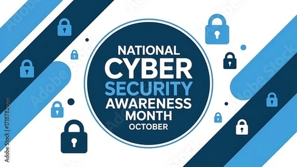 Obraz National cyber security awareness month october graphic with blue background and padlock icons representing data protection and digital safety
