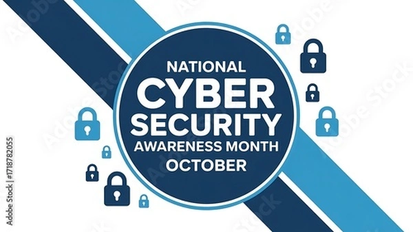 Obraz National cybersecurity awareness month october graphic with padlocks and blue diagonal stripes symbolizing protection and digital security