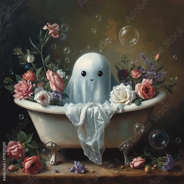 Obraz cute child ghost covered in a white cloth sitting in a vintage white bathtub filled with beautiful flowers and bubbles. The artwork is rendered in an artistic oil painting style with an AI-generated 