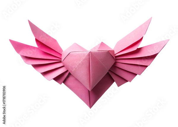 Fototapeta paper origami pink heart with wings png image on transparent background