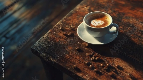 Fototapeta Enjoy a Cup of Coffee with Heart Latte Art on Wooden Table and Morning Aroma