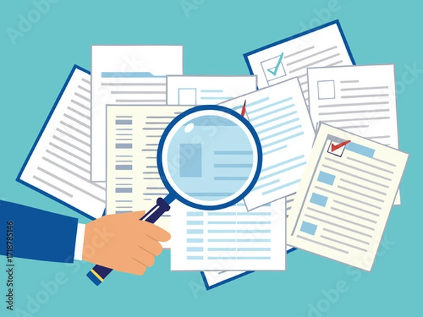 Fototapeta Hand with a magnifying glass to search for important documents

