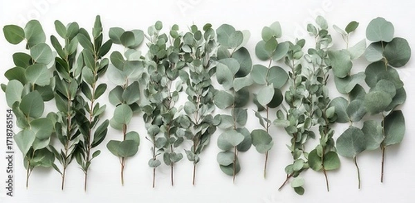 Fototapeta Display Eucalyptus Branches on White Surface For Calm and Natural Theme
