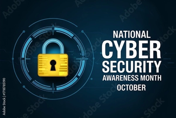 Obraz National cybersecurity awareness month october digital padlock icon with futuristic glowing data protection technology and abstract dark blue background