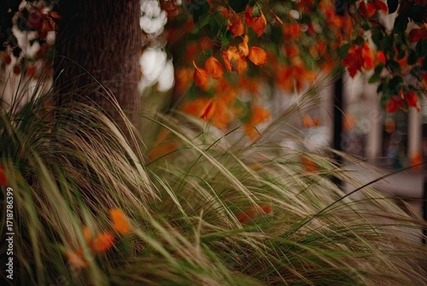 Obraz Autumnal foliage drapes around a tree trunk