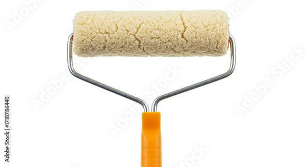 Fototapeta High-Resolution Close-up of a Paint Roller with Beige Microfiber Sleeve and Orange Plastic Handle Against a Pure White Background: Ideal for Home Improvement, DIY Projects, and Construction Industr...