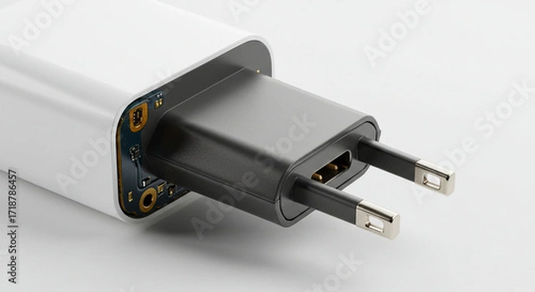 Fototapeta High-Resolution Close-up of a Modern USB-C Wall Charger with European Plug: Sleek White and Dark Gray Design, Detailed Circuit Board Visible, Ideal for Tech and Gadget Product Mockups, Clean Backgr...