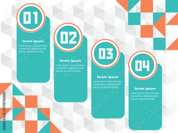 Fototapeta Modern infographic design with bright and dynamic geometric elements. Each slide features information in a minimalist style, utilizing vibrant orange, blue, and green colors to capture attention. 1