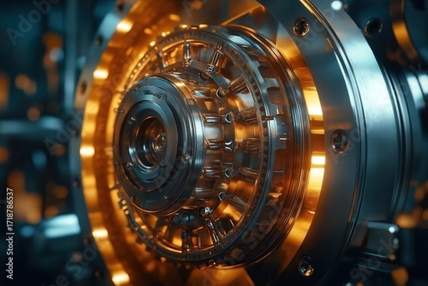 Fototapeta Close-up of inner structure of open bank vault with visible mechanical components and golden light emanating from symbolizing security and wealth