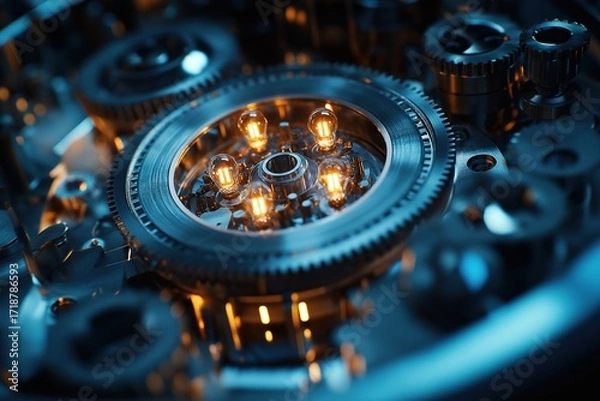 Fototapeta Inner working structure of a mechanical watch with gears and light bulbs against dark blue background, creating an atmosphere of mystery and technical sense, showcasing precision engineering