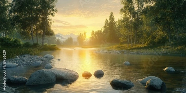 Fototapeta River Flows Through Forest in Morning Light and Peaceful Atmosphere