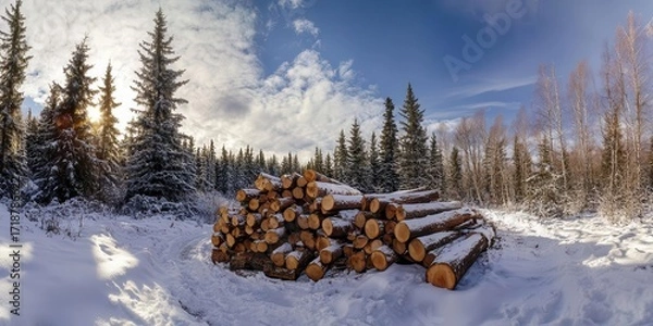 Fototapeta Logs Pile Up in a Snowy Winter Forest Landscape, Ready for Firewood