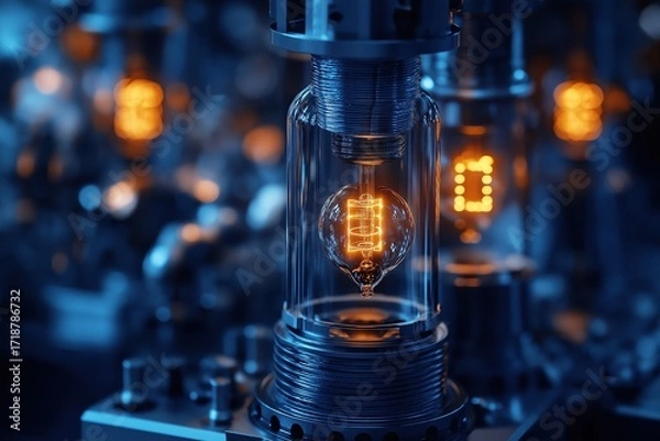 Fototapeta Glass tube with incandescent light bulb inside surrounded by futuristic machines and electronic components, advanced technology carved from metal atmosphere