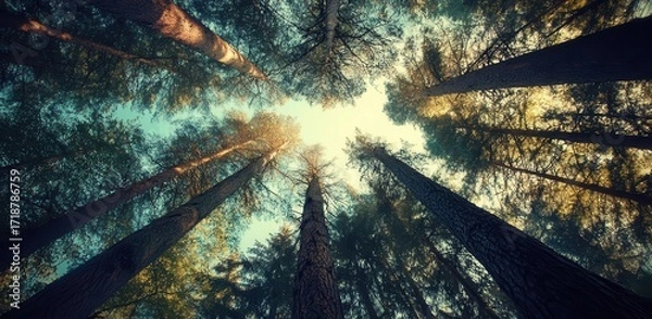 Fototapeta Looking Up at the Majestic Trees With A Sense of Wonder and Forest Theme.