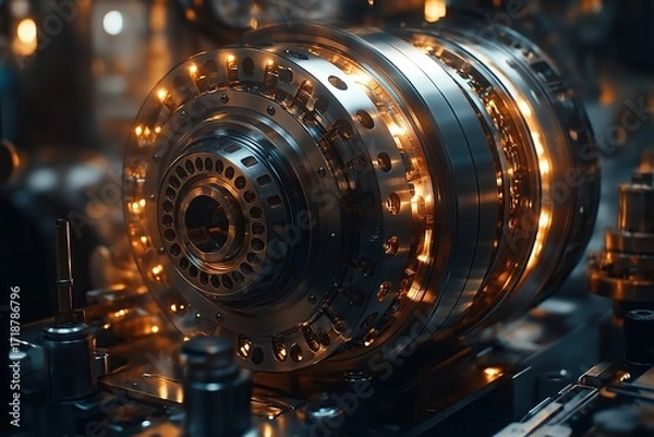 Fototapeta Large metallic machine with glowing lights and mechanical parts, complex gears and structures inside cylindrical body, blurred dark background creating industrial atmosphere