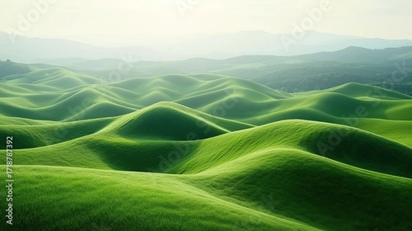 Fototapeta Serene landscape of rolling green hills bathed in soft morning grassy expanse stretching far with enchanting patterns of hills and valleys symbolizing nature's beauty and peacefulness