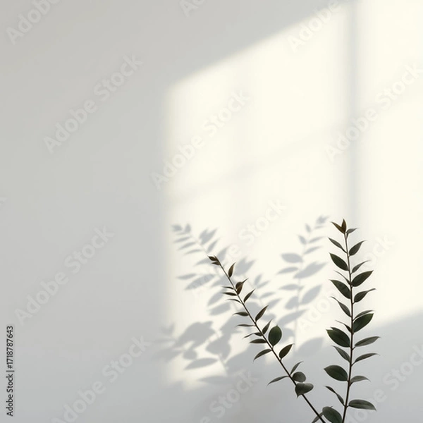 Fototapeta Minimalistic abstract light grey wall background for product presentation with sunlight shadow of plant leaves