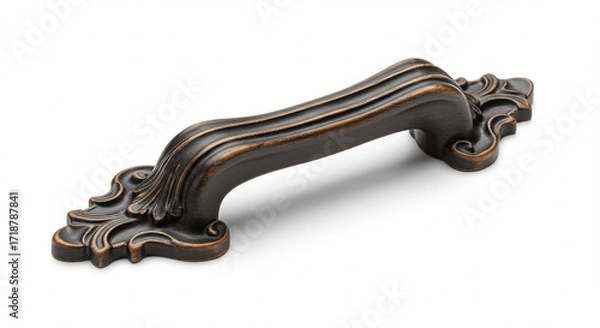 Fototapeta Elegant Antique Bronze Cabinet Pull Handle with Ornate Scrollwork Design: High-Resolution Image for Interior Design, Furniture, and Architectural Projects. Perfect for showcasing vintage, classic, ...