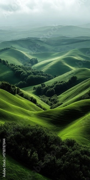 Fototapeta Beautiful rolling green hills creating a stunning landscape with natural lighting and serene peaceful atmosphere evoking relaxation tranquility and showcasing natures beauty