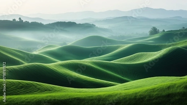 Fototapeta Green rolling landscape with undulating hills captured in soft morning showcasing nature's curves and textures creating inviting scene evoking calmness and tranquility