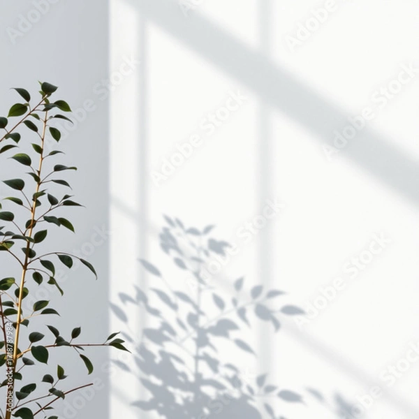 Fototapeta Minimalistic abstract light grey wall background for product presentation with sunlight shadow of plant leaves