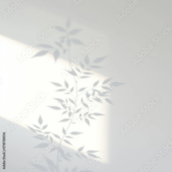Fototapeta Minimalistic abstract light grey wall background for product presentation with sunlight shadow of plant leaves