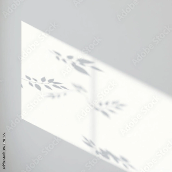 Fototapeta Minimalistic abstract light grey wall background for product presentation with sunlight shadow of plant leaves