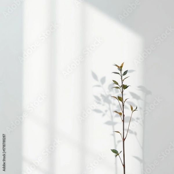 Fototapeta Minimalistic abstract light grey wall background for product presentation with sunlight shadow of plant leaves