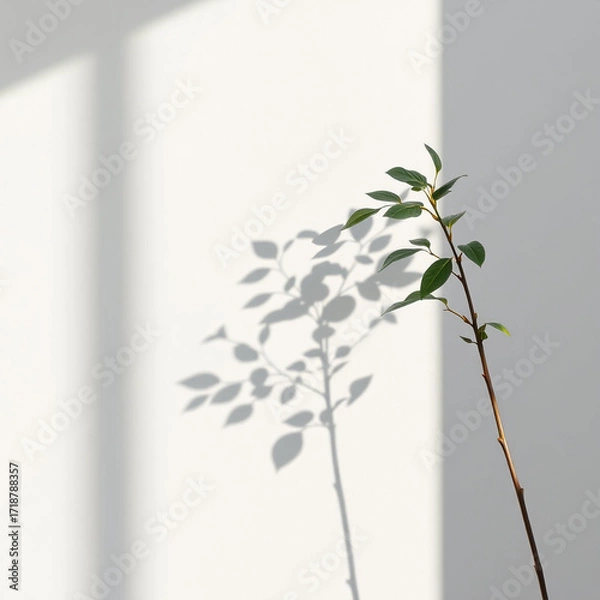 Fototapeta Minimalistic abstract light grey wall background for product presentation with sunlight shadow of plant leaves