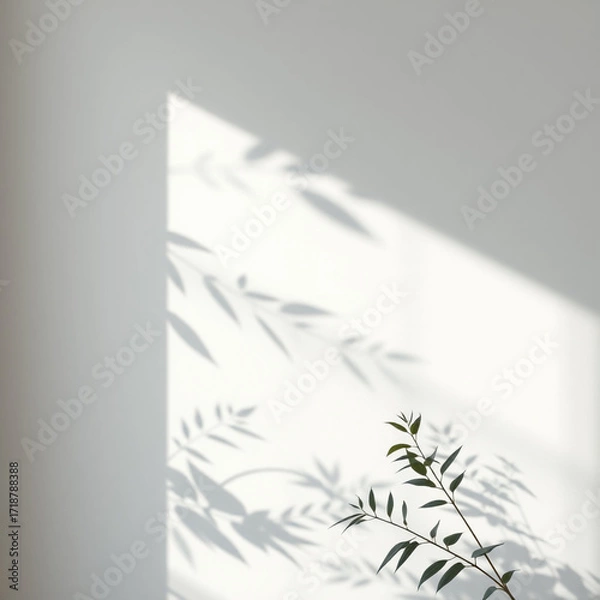 Fototapeta Minimalistic abstract light grey wall background for product presentation with sunlight shadow of plant leaves