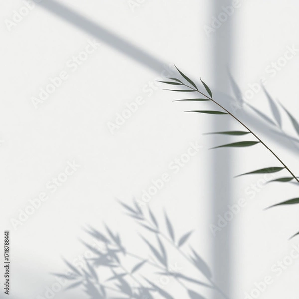 Fototapeta Minimalistic abstract light grey wall background for product presentation with sunlight shadow of plant leaves