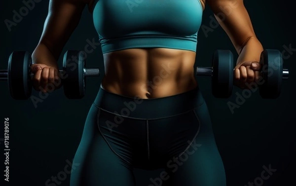 Fototapeta Close-up of woman with perfect abs performing dumbbell bicep curls isolated on dark background wearing teal sports top and leggings, representing fitness gym concept
