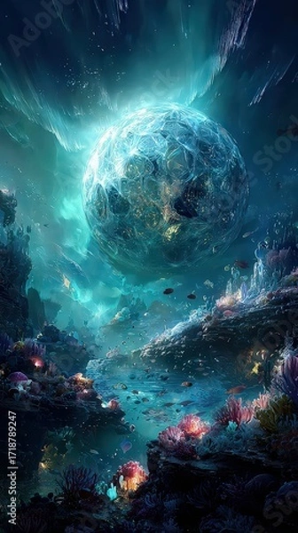 Fototapeta Underwater City Illuminated By Sparkling Celestial Orb