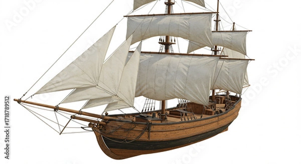 Fototapeta A Majestic 3D Render of a Vintage Sailing Ship with Full Sails, Isolated on White Background: Perfect for Historical, Maritime, and Adventure Themes. This detailed model showcases the intricate cra...