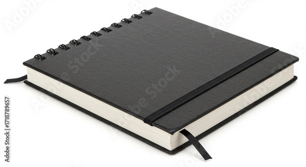 Fototapeta High-Resolution Image of a Closed Black Spiral Notebook with Elastic Closure and Ribbon Bookmark - Perfect for Mockups, Branding, and Stationery Designs.  This meticulously detailed photograph show...
