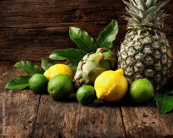 Fototapeta Vibrant Citrus Fruits and Pineapple on Rustic Wooden Table