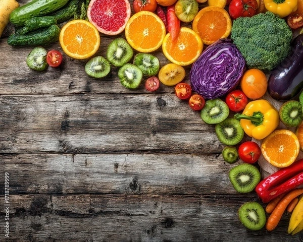 Fototapeta Vibrant Colorful Fruits and Vegetables on Rustic Wooden Background