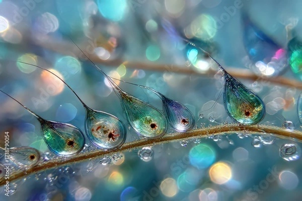 Fototapeta Vibrant Dewdrops on a Stem with Bokeh Background