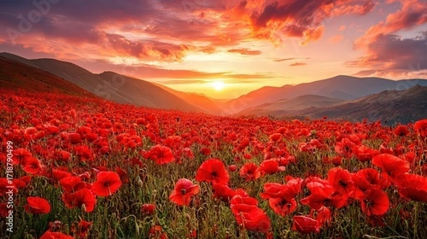 Fototapeta Vibrant Red Poppies Field at Sunset in Mountain Valley