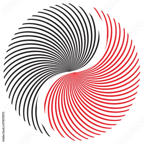 Fototapeta Vector Illustration of Spiral Yin Yang Shape with Red and Black Swirl Lines, Abstract Optical Illusion Design, Symbol of Harmony, Duality, Spiritual Balance, Taoist Philosophy and Minimalist Art