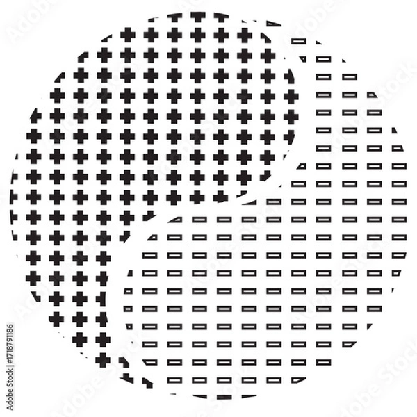 Fototapeta Abstract Yin Yang Symbol with Plus and Minus Geometric Halftone Pattern, Black and White Balance Icon, Modern Taoist Philosophy Design for Spirituality, Meditation, Zen and Minimalist Vector Art
