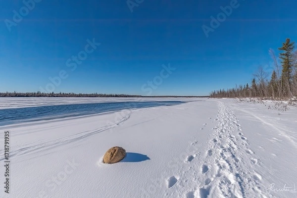 Obraz Frozen lake shore, sunlit, with a rock, and footprints in the snow