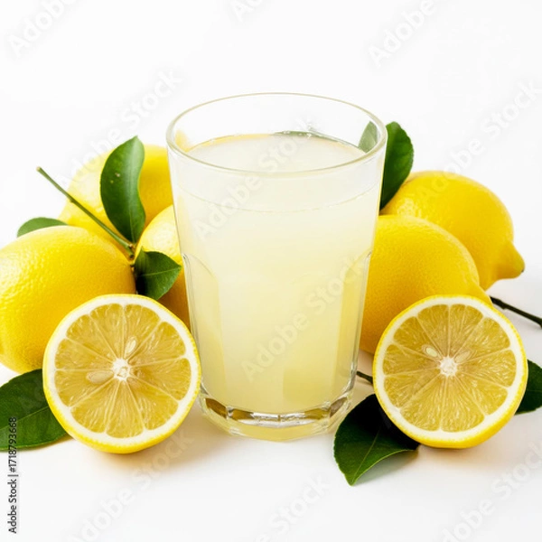 Fototapeta Refreshing glass of lemonade with fresh lemons and green leaves.