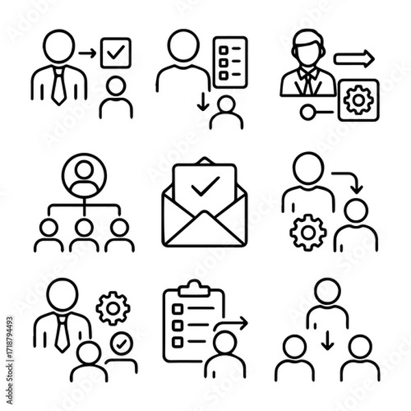 Fototapeta Line art icons depicting business processes teamwork and communication.