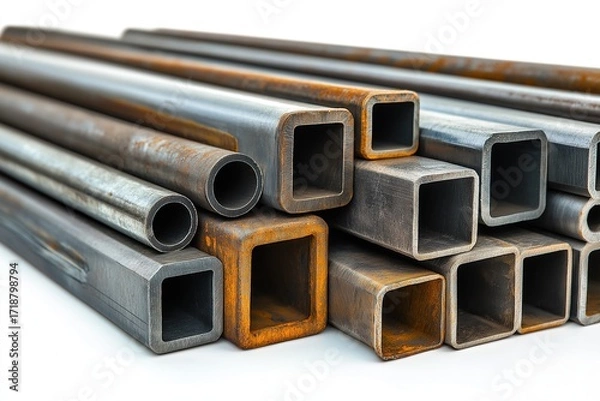 Fototapeta Stack of steel square and round pipes on white background, industrial metal construction materials for plumbing mechanical and infrastructure projects